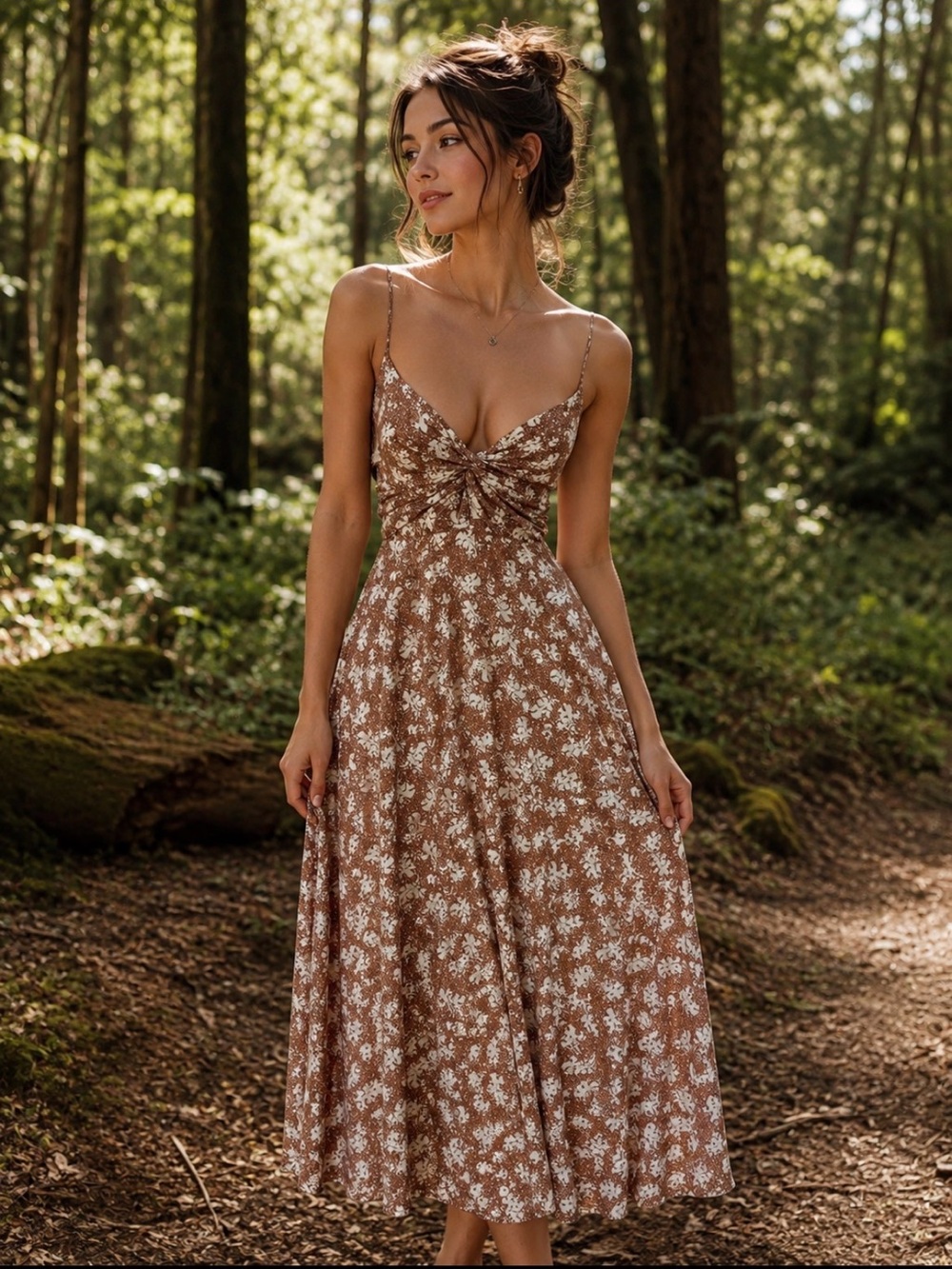 Lulu's Brown Floral Maxi Dress with White Ditsy Print